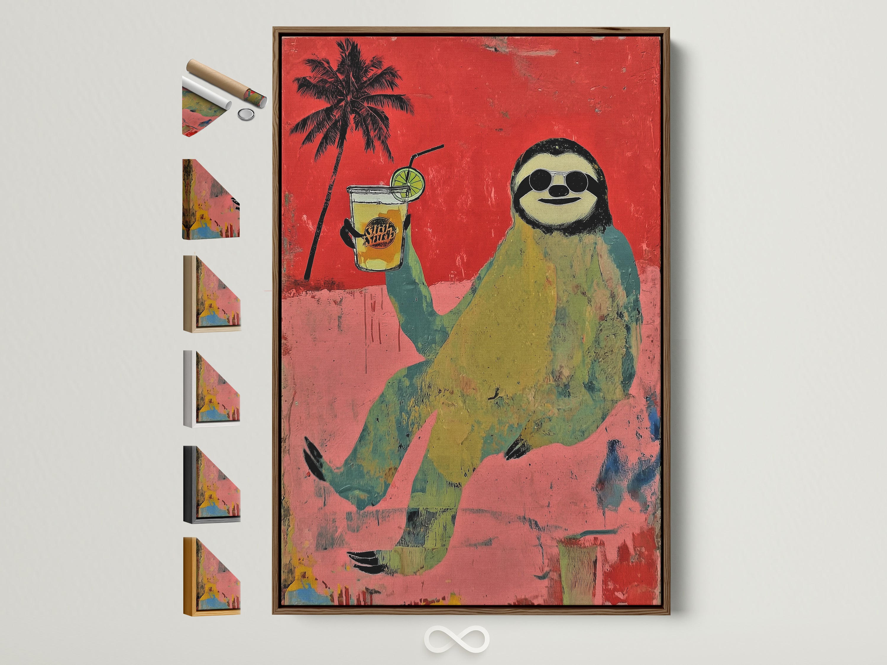 A vibrant sloth artwork is displayed in a brown frame. This artwork brings a tropical summer vibe. The frame showcases all available frame options. Perfect for adding a fun accent to any room.