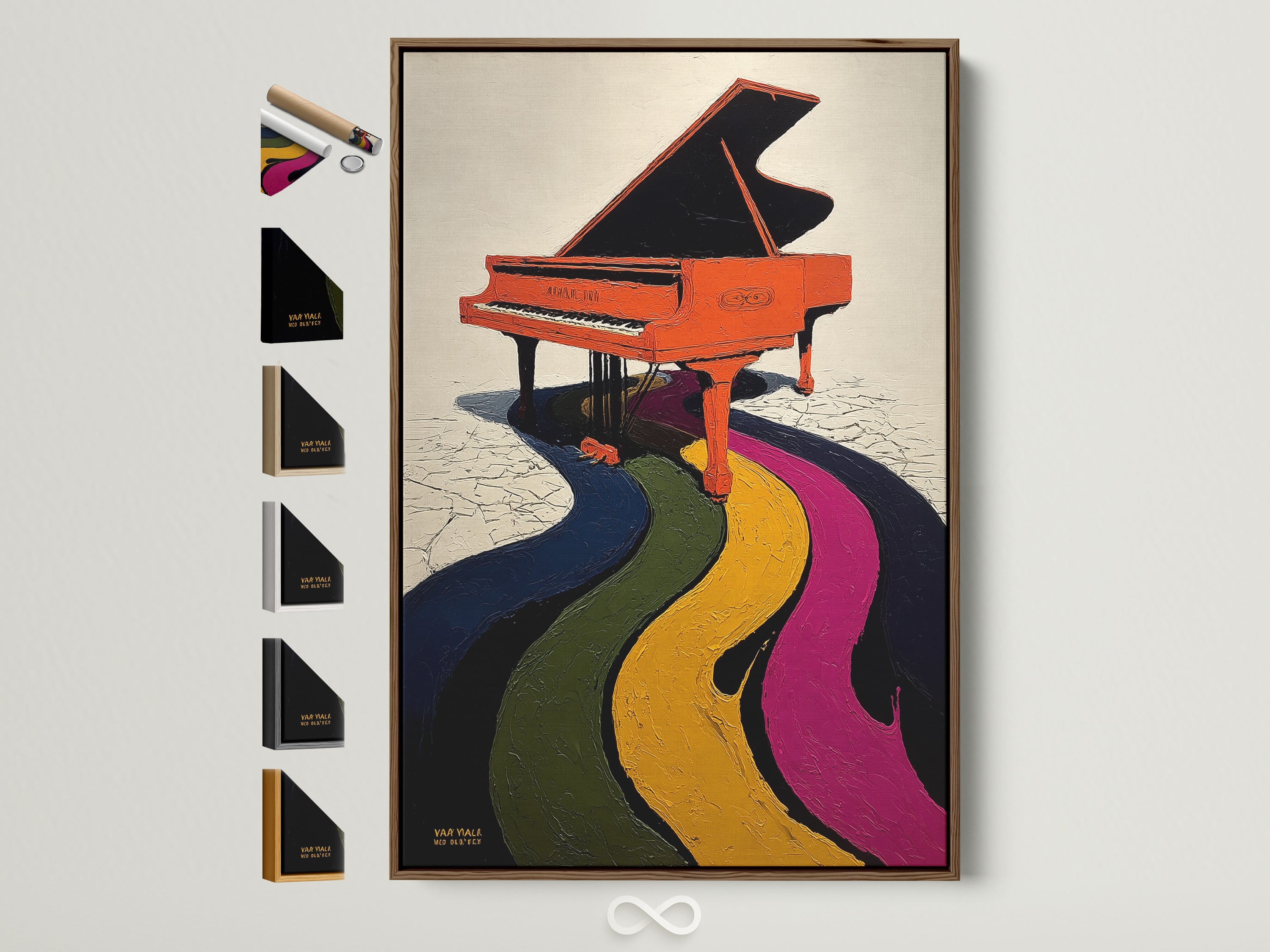 Framed grand piano artwork with rainbow music theme. The artwork is displayed with all frame options. Perfect eclectic wall decor for music room or studio. Vibrant art print adds color to any space. A great gift for piano players and musicians.