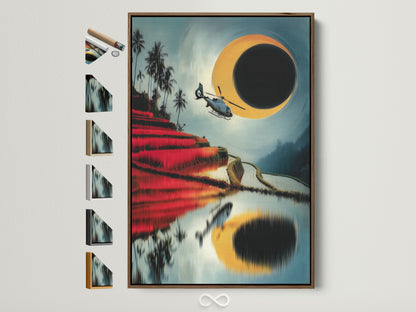 Helicopter Over Rice Terraces artwork with a brown frame. The art features a helicopter flying over vibrant red and teal rice terraces. Explore frame options to perfectly match your decor. This travel photography adds a touch of adventure to any space