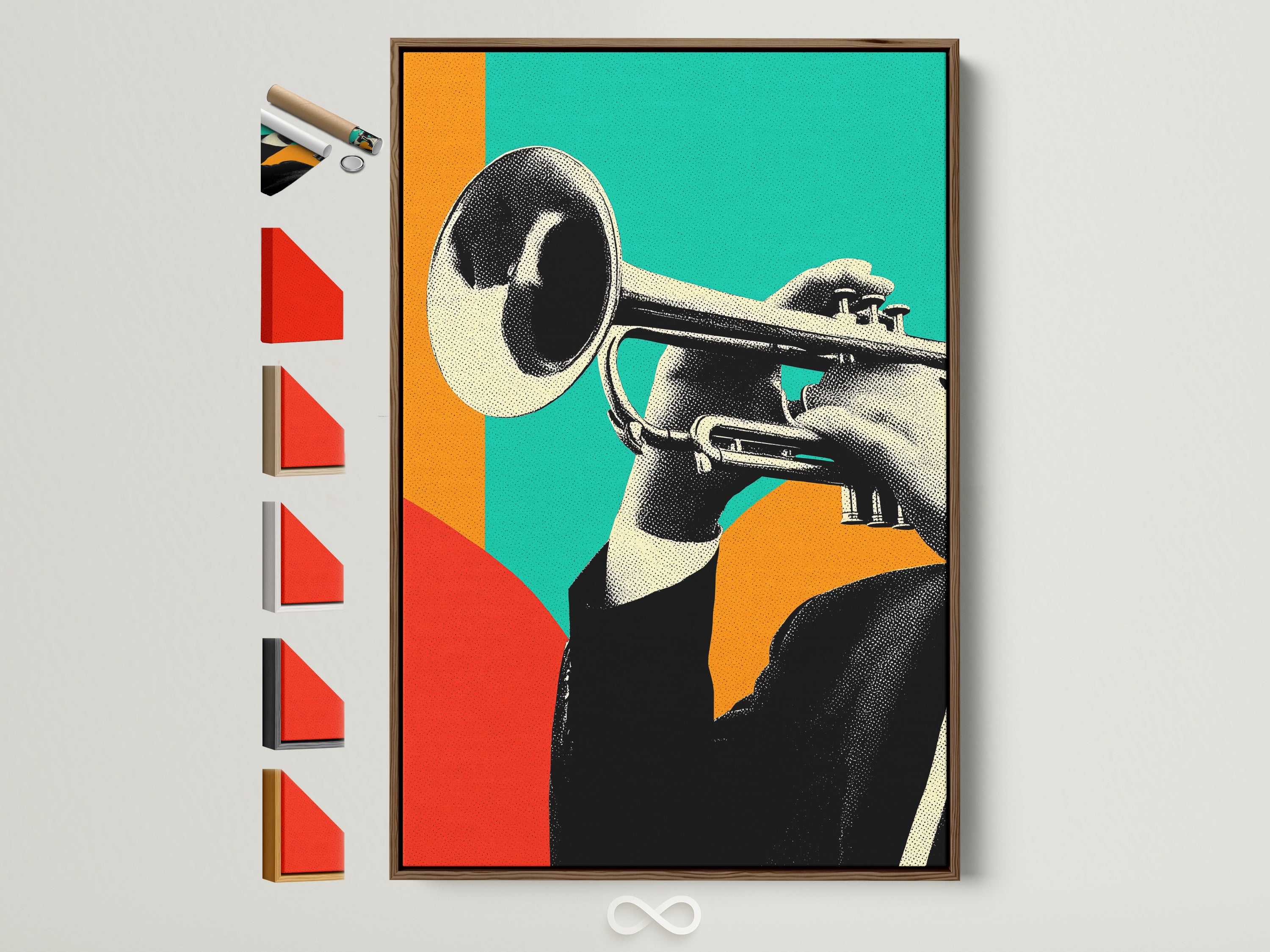 Trumpet Player artwork with a brown frame. This retro jazz wall art adds a mid-century modern touch to any music room. See all frame options available on the side. Perfect for homeowners musicians and interior stylists.