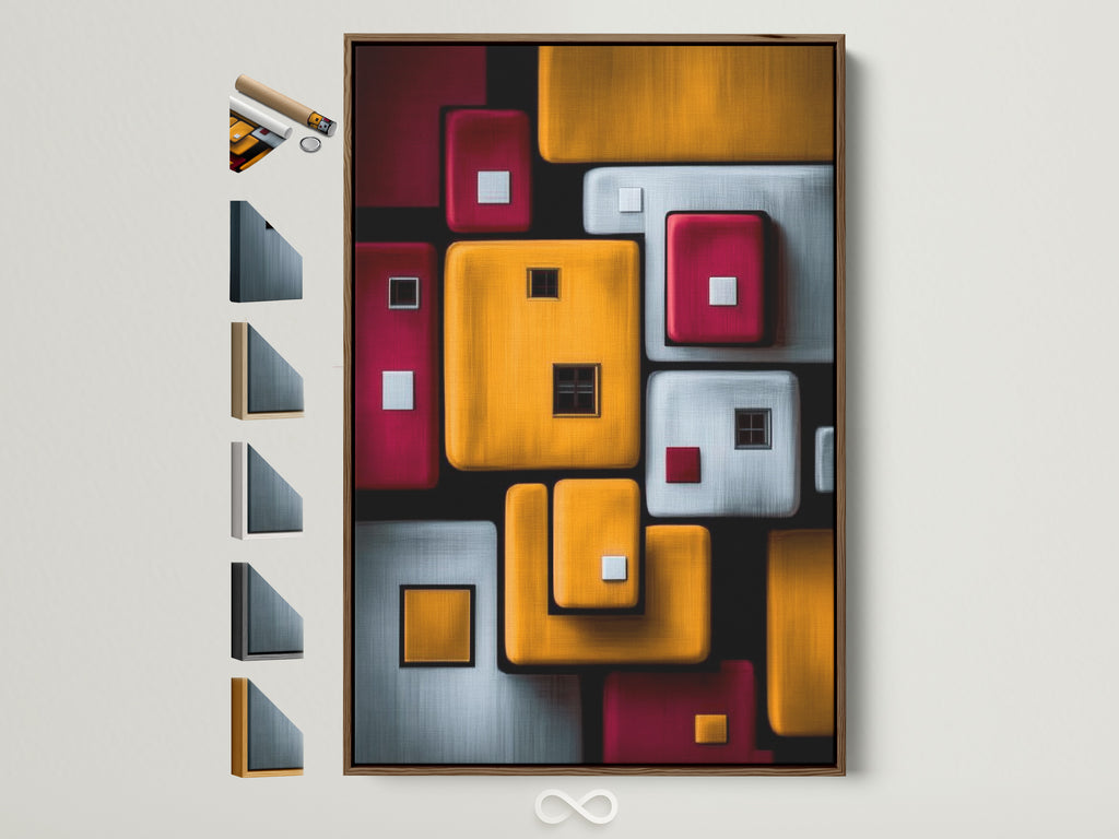 Geometric Abstraction Canvas Print in a brown frame. This modern artwork features red gray and gold squares. A stylish choice for your home or office wall art. Explore frame options to customize your contemporary artwork.