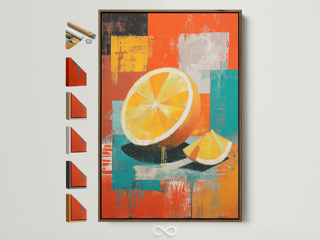 Explore frame options for your artwork. This brown frame elegantly displays a vibrant fruit art print. See available frame styles to perfectly complement your taste. Discover the ideal frame to enhance your chosen artwork.