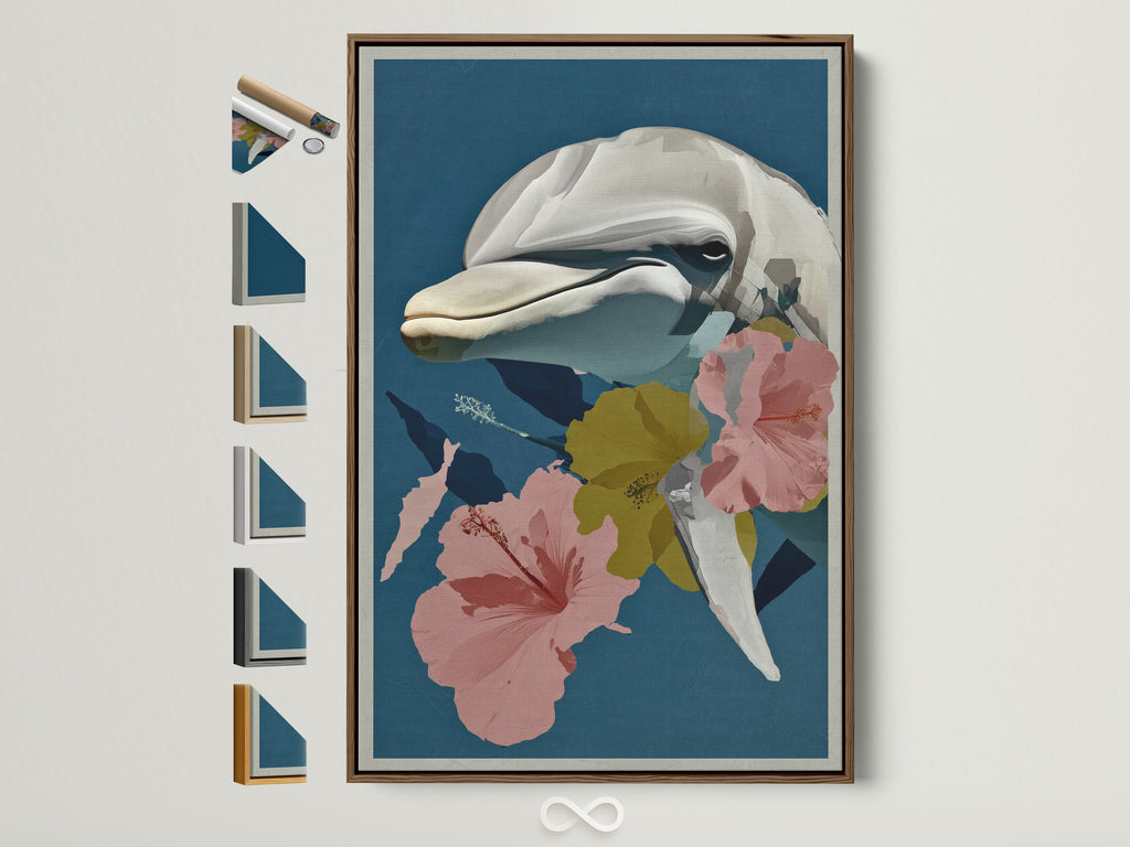 Whale botanical art print in a brown frame. All frame options are displayed on the side. This tropical hibiscus canvas print is perfect for coastal bedroom decor. Ocean animal wall art is a great addition to any room.