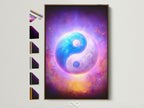 A vibrant Yin Yang art print graces a wall within a brown frame. This spiritual artwork features cosmic purple and blue hues. It is ideal for meditation spaces. Frame options are displayed. Enhance your zen decor with this balanced artwork.