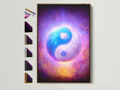 A vibrant Yin Yang art print graces a wall within a brown frame. This spiritual artwork features cosmic purple and blue hues. It is ideal for meditation spaces. Frame options are displayed. Enhance your zen decor with this balanced artwork.