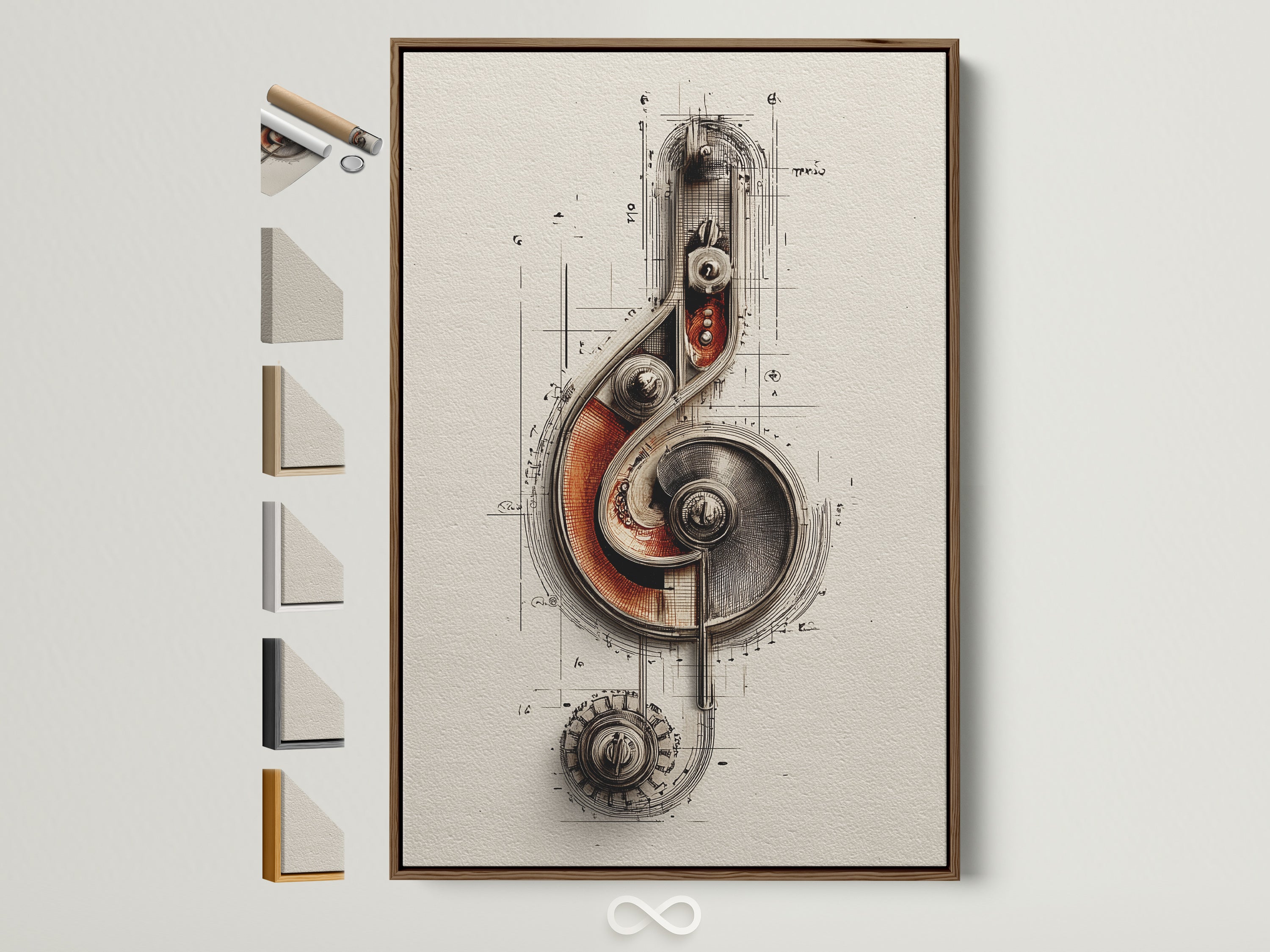 Steampunk Music Note artwork with a brown frame is displayed on a white wall. The artwork features mechanical gears and a treble clef. It is ideal industrial decor for a music room or studio. The frame options are displayed on the side.
