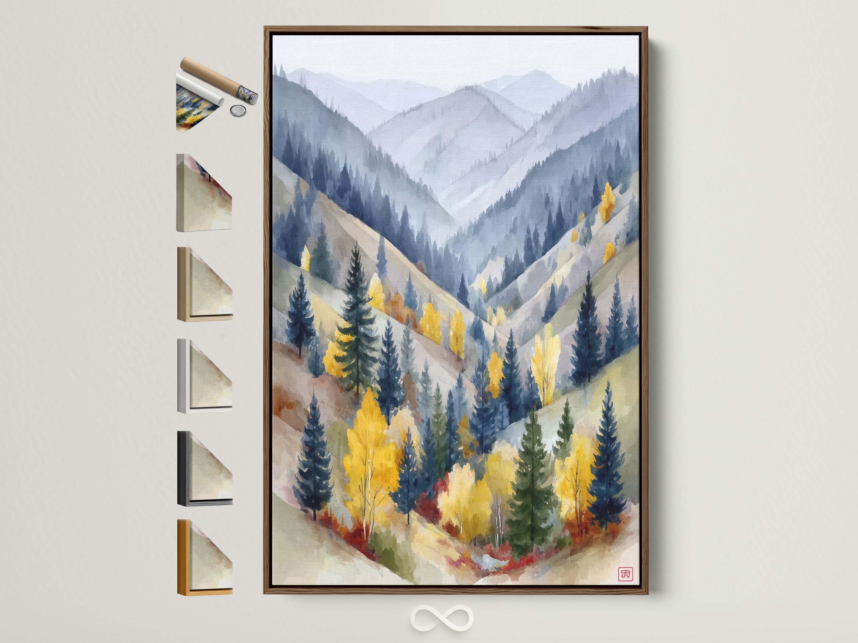 Watercolor mountain valley artwork in a floating frame with blue peaks and gold foliage.