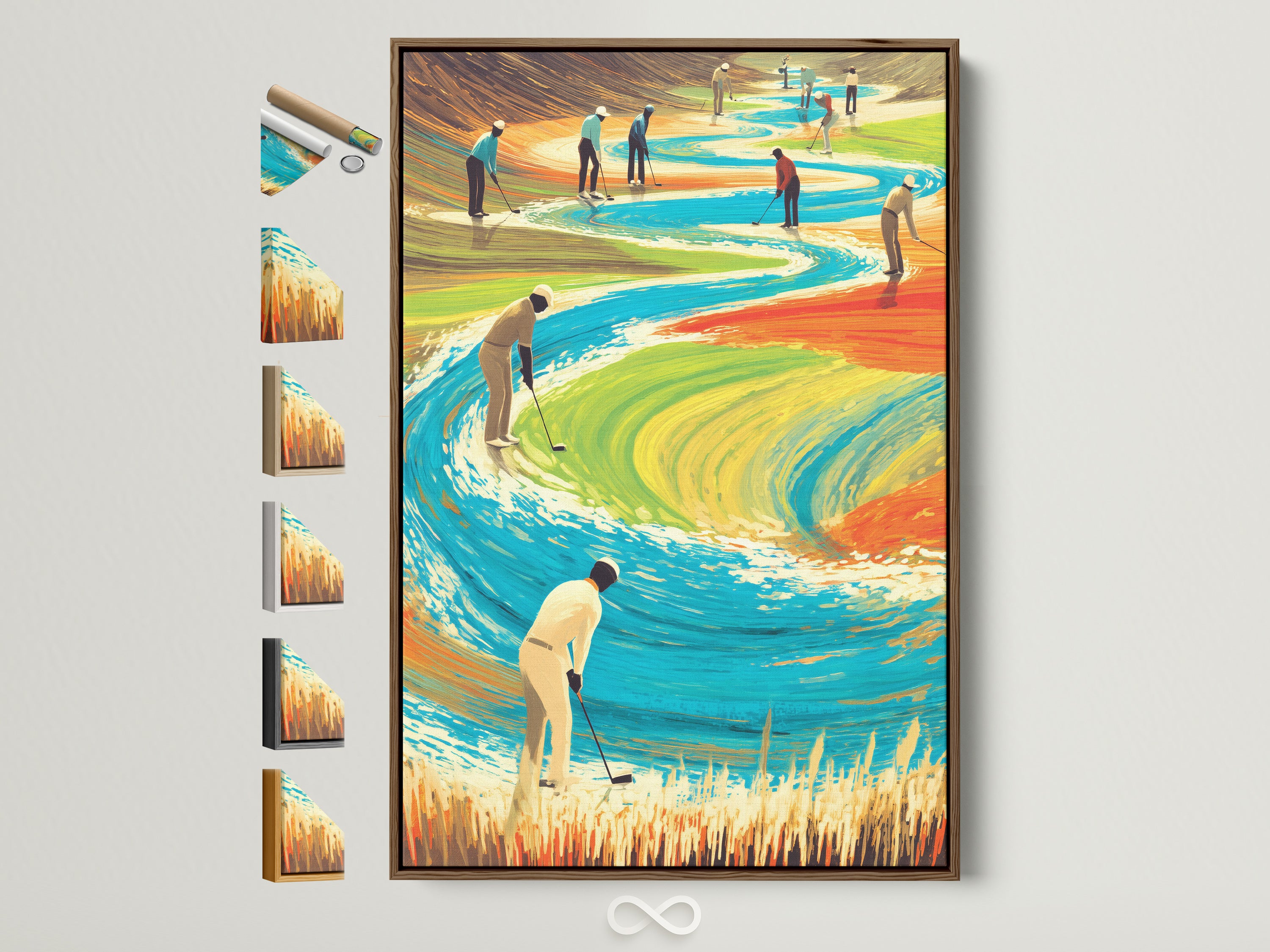 Golf Course Canvas Print with a brown frame. This wall art features a surreal sports scene. Various frame options are displayed. Find the perfect golf landscape artwork for your space. Options to suit your style