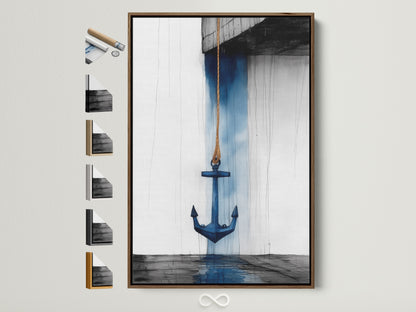 Nautical anchor artwork in a brown frame. This coastal piece brings a navy blue ocean theme to any room. Explore our range of frame options to customize your perfect wall art. Ideal for adding a touch of the sea to your bathroom living room or beach house.