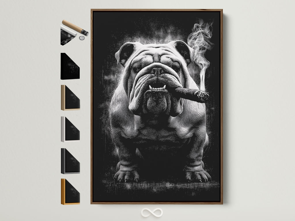 Bulldog smoking canvas artwork in a brown frame. This vintage cool dog wall art adds character to any space. The artwork is displayed with all available frame options on the side. Find the perfect frame to complement your retro pet portrait.