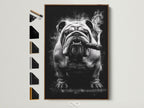 Bulldog smoking canvas artwork in a brown frame. This vintage cool dog wall art adds character to any space. The artwork is displayed with all available frame options on the side. Find the perfect frame to complement your retro pet portrait.