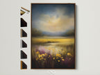 A golden meadow artwork is framed in a brown floating frame. Various frame options are displayed on the side. This floral field artwork is ideal wall decor. It enhances living rooms bedrooms offices studios lobbies clinics and cafes.