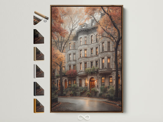 A brown frame displays autumn cityscape wall art. The artwork features vintage building photography. See all framing options displayed on the side. Discover architectural art for your office decor. This cityscape print enhances any room.