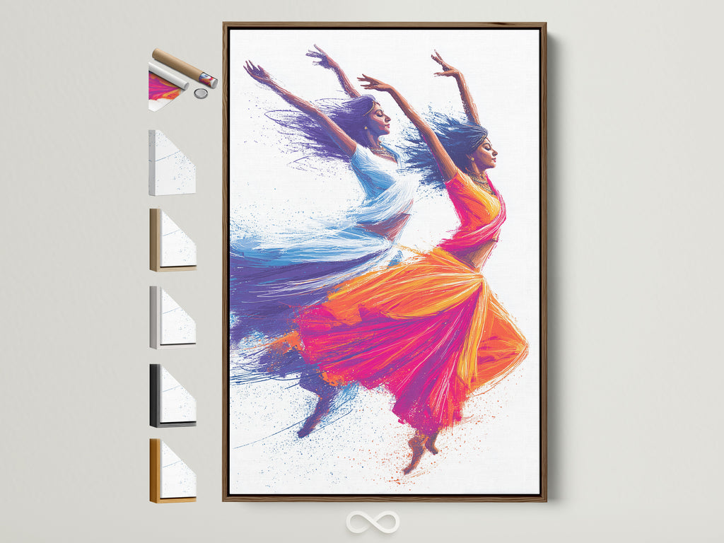 Framed Indian Dancers artwork. This artwork features vibrant teal and orange colors. The frame is a natural brown wood. Frame options are displayed on the side. Ideal for yoga studios and ethnic wall decor.