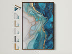 Explore frame options with this brown frame. The artwork features a captivating blue abstract with fluid acrylic textures and gold accents. Perfect for adding a coastal touch to your living space. This piece enhances modern bedroom decor with its teal and marble print.