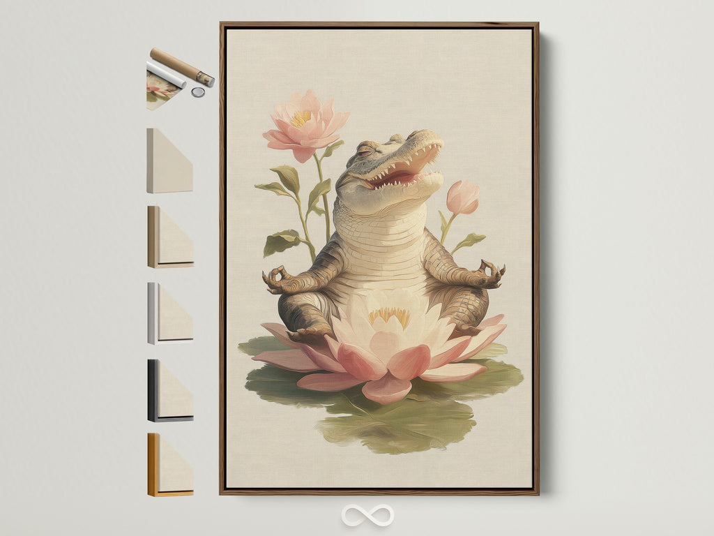 Zen Alligator art print in a brown frame. The artwork features an alligator in a meditation pose on a lotus flower. Frame options are displayed on the side. This whimsical lotus flower canvas adds a calming touch to any yoga studio decor.