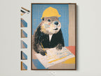 Framed beaver art print. The brown frame showcases the quirky animal worker canvas. See frame options. Funny office wall decor ideal as a contractor gift. Perfect for architects and construction professionals. Contemporary style with yellow and blue hues.