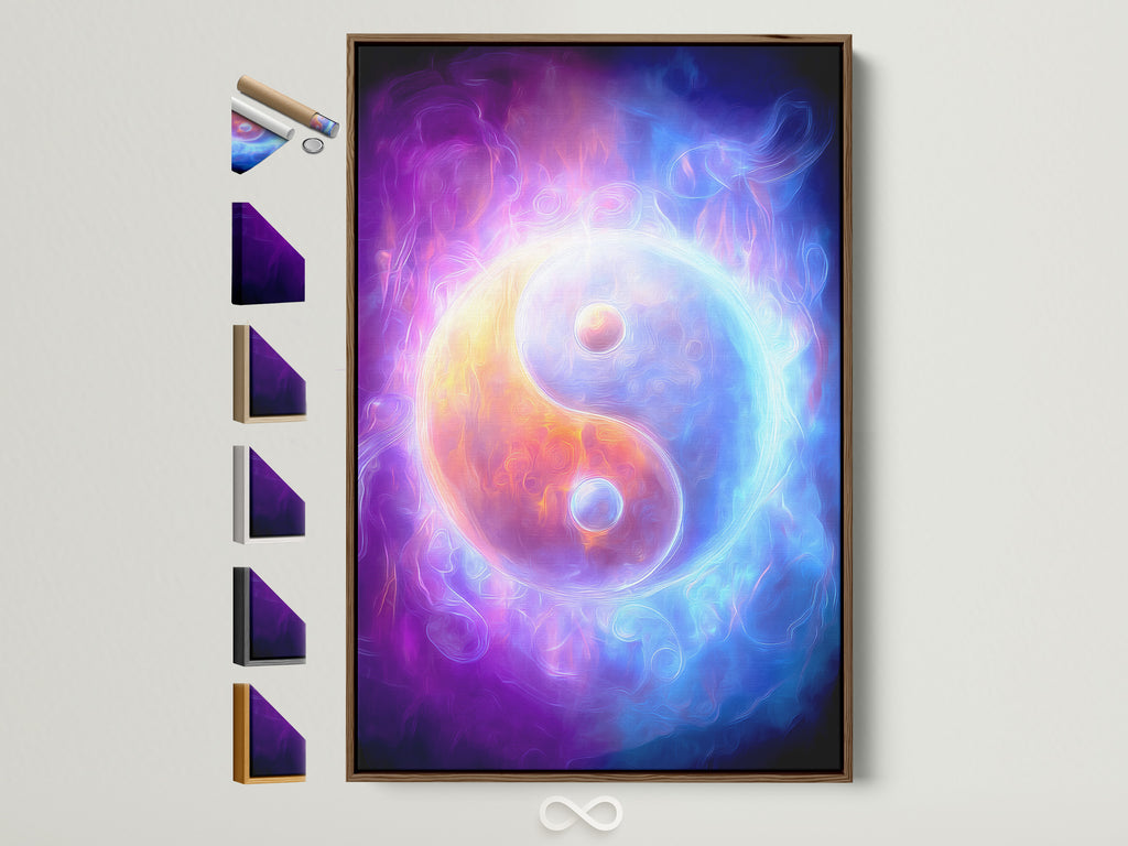 Explore framed Yin Yang cosmic energy wall art. The artwork features a spiritual purple and blue abstract design. This is an example of the brown frame option. See all frame styles available. It is ideal for meditation rooms and zen spaces. Elevate your home decor with this balanced art piece