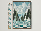Explore frame options with this Chess Arctic Canvas Print. The polar bear wall artwork features a teal chessboard. It is displayed in a brown frame. See all available frame styles for your game room decor. This artwork is perfect for chess enthusiasts and modern art collectors.