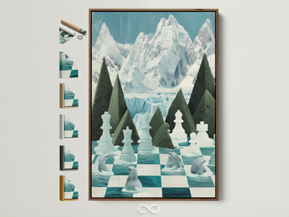 Explore frame options with this Chess Arctic Canvas Print. The polar bear wall artwork features a teal chessboard. It is displayed in a brown frame. See all available frame styles for your game room decor. This artwork is perfect for chess enthusiasts and modern art collectors.