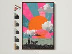 A surreal landscape artwork is displayed in a brown frame. The artwork features a vibrant retro sun a cow and a man. Various frame options are presented beside it. Find the perfect frame to complement your modern art print farmhouse industrial and eclectic styles.