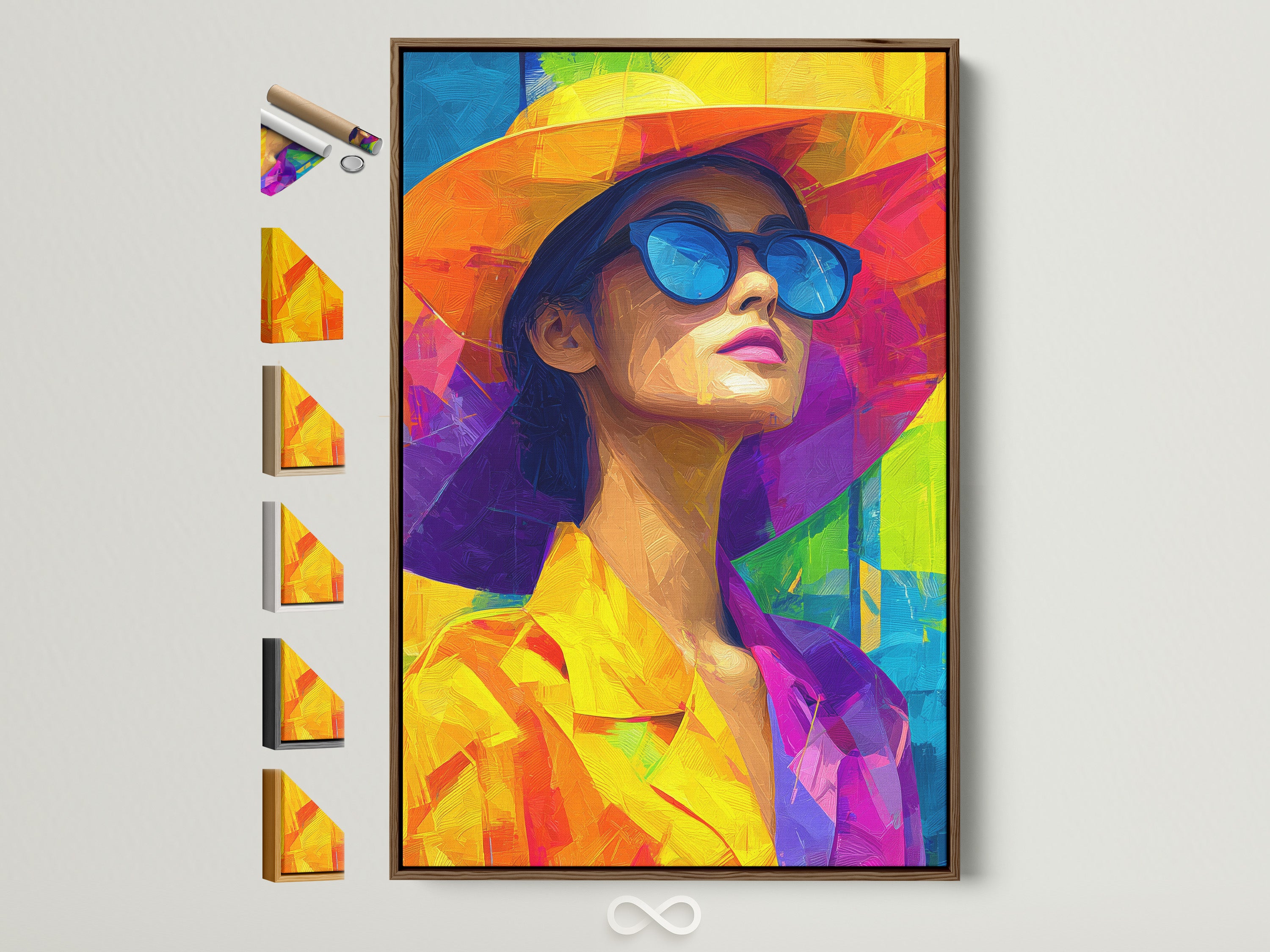 A vibrant artwork is displayed in a brown frame. This frame is showcased with other frame options. It highlights the versatility of framing choices. The artwork features a woman in a colorful hat and sunglasses. The brown frame complements the art's warm tones.