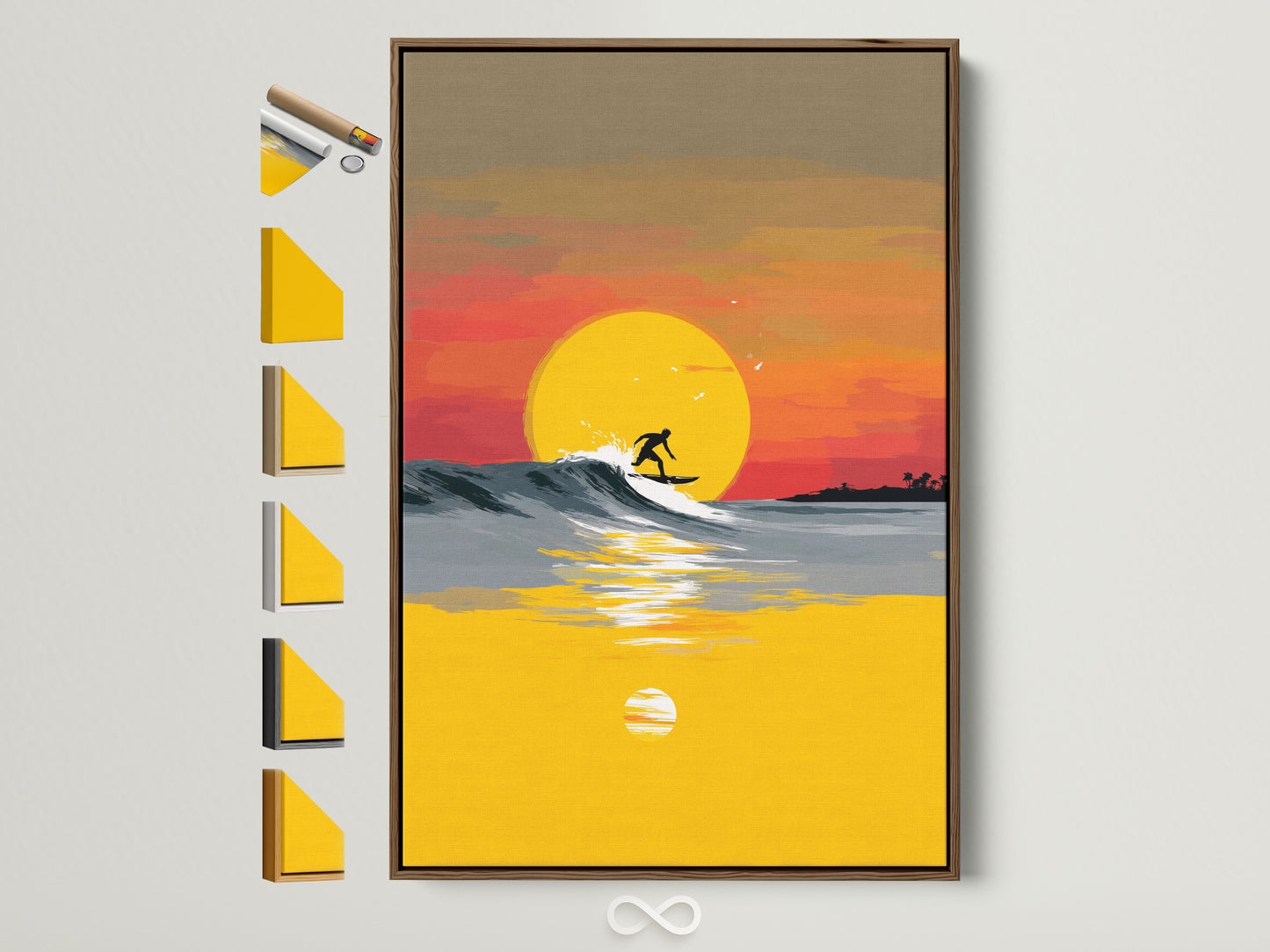 Elevate your space with coastal charm. This Surfing Canvas Print features a stunning sunset wave. The artwork is framed in a warm brown tone. Discover frame options for a personalized touch. Perfect for adding summer vibes to any room in your home or office.