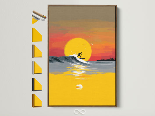 Elevate your space with coastal charm. This Surfing Canvas Print features a stunning sunset wave. The artwork is framed in a warm brown tone. Discover frame options for a personalized touch. Perfect for adding summer vibes to any room in your home or office.