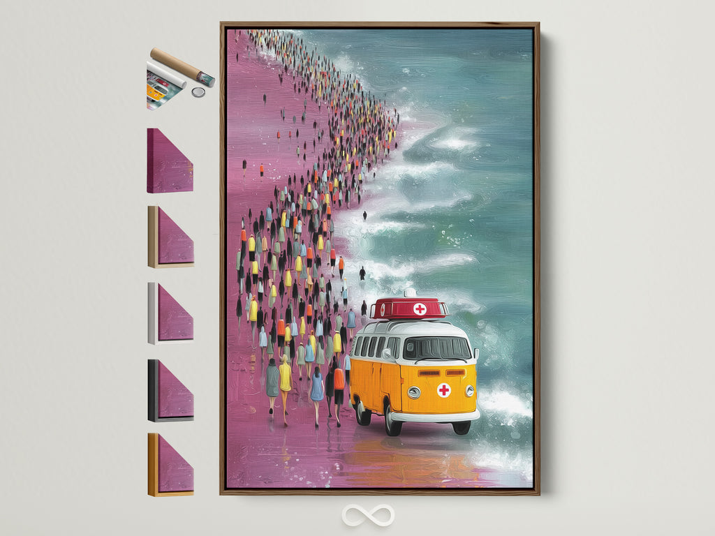 Vintage VW Bus artwork in a brown frame. The artwork features an orange Volkswagen van on a beach with a crowd of people. Various frame options are displayed on the side. Perfect retro beach wall art for a coastal or eclectic styled home.