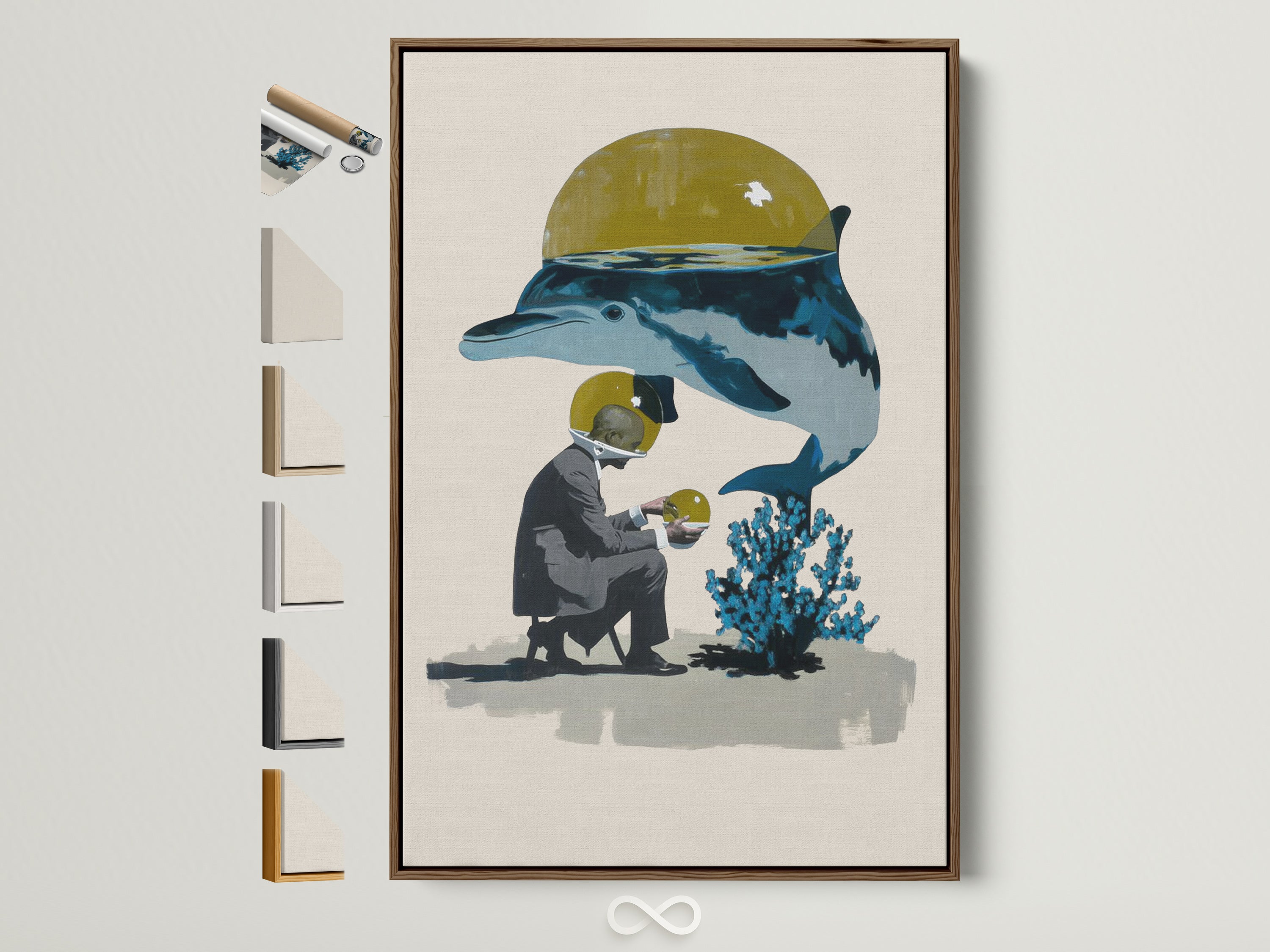 Surreal Ocean Artwork with a brown frame. See all frame choices displayed to the side. The artwork features a diver and a whale. This contemporary marine life art enhances any room. Perfect for eclectic and nautical aesthetics.