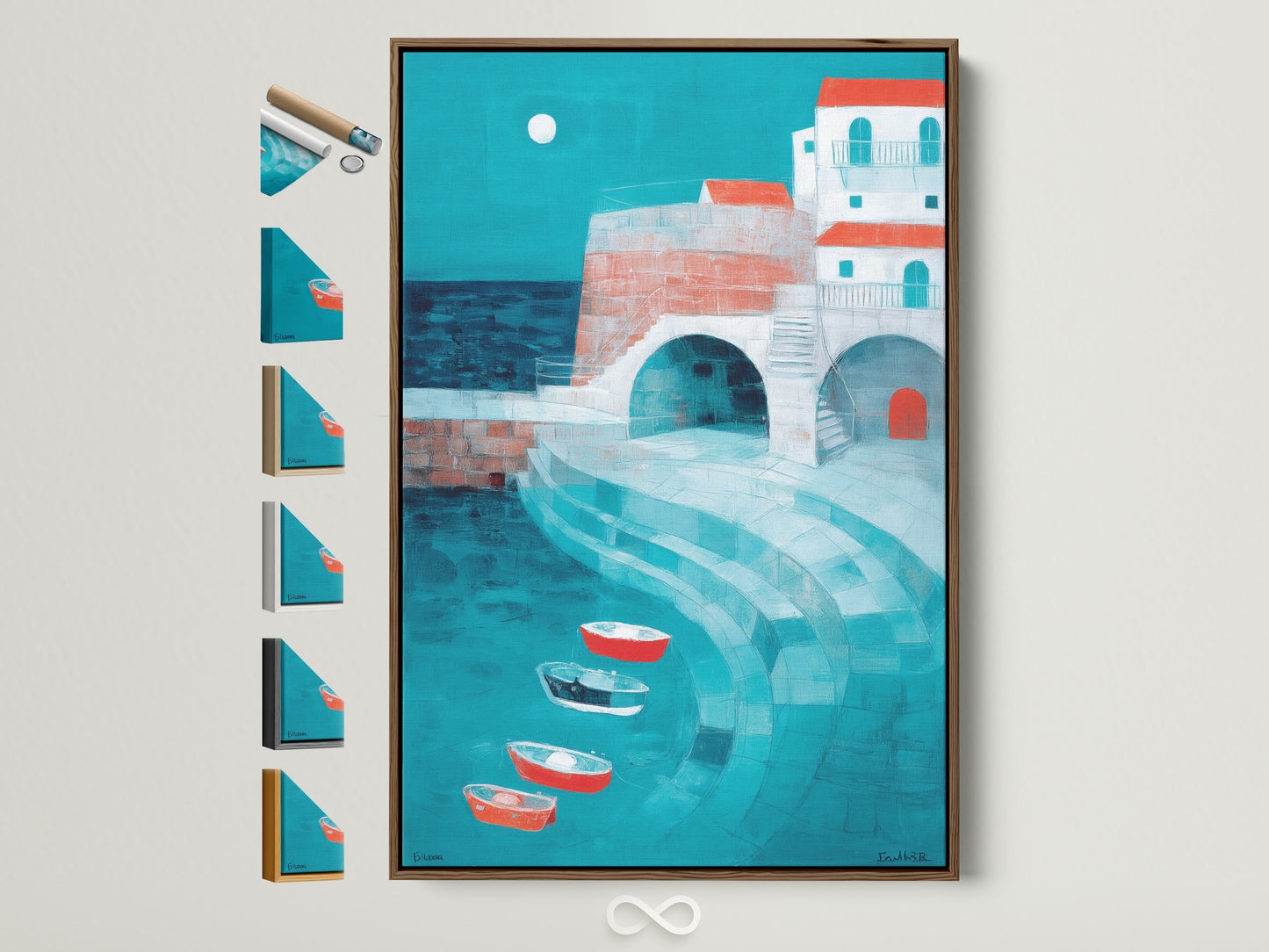 A coastal village artwork is beautifully displayed in a brown frame. Notice the detailed frame options presented beside it. This artwork captures a serene Mediterranean scene. Turquoise waters meet charming red-roofed buildings. A perfect piece to bring a vacation vibe to your space. Explore framing options for your wall art.