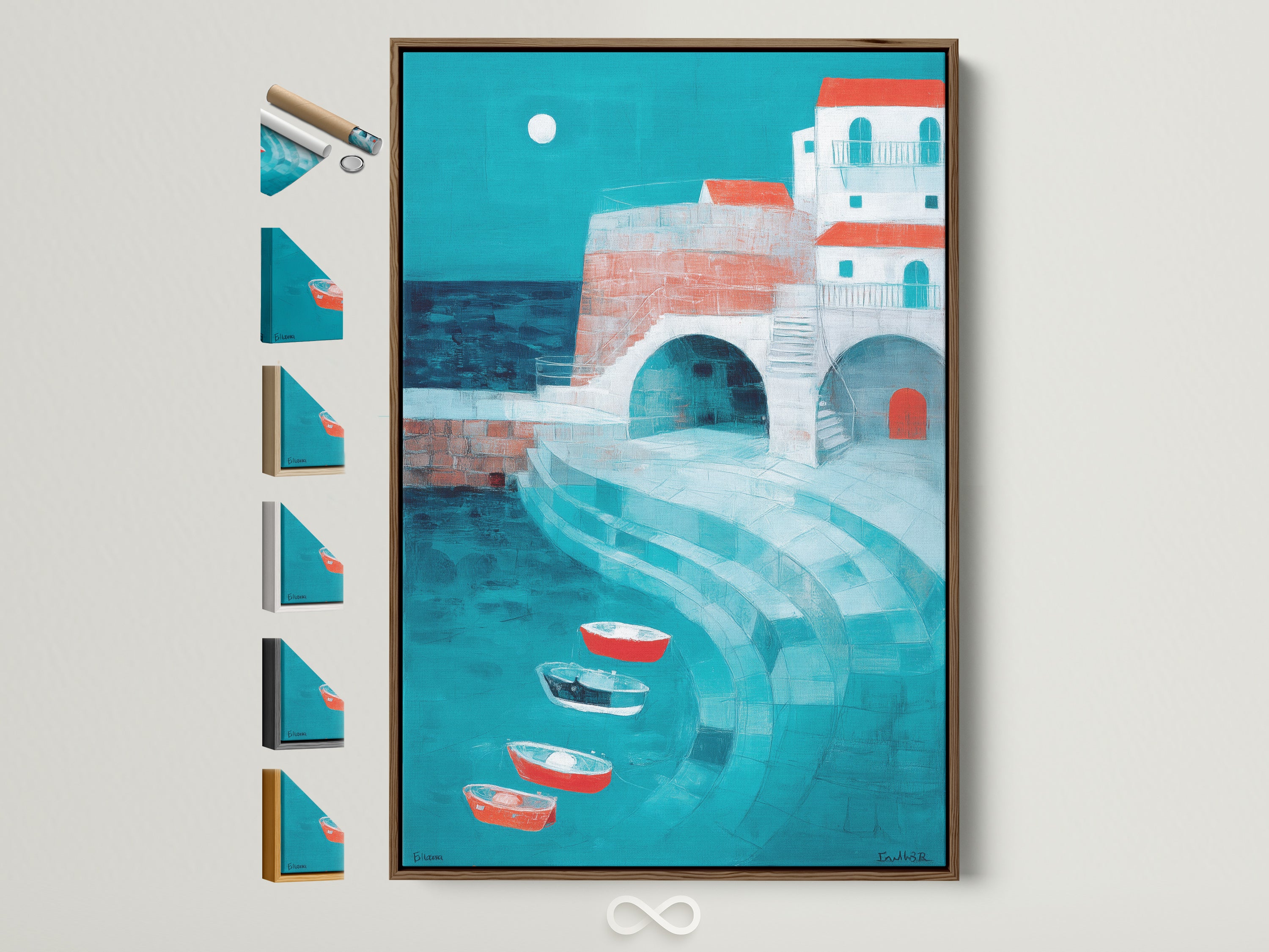 A coastal village artwork is beautifully displayed in a brown frame. Notice the detailed frame options presented beside it. This artwork captures a serene Mediterranean scene. Turquoise waters meet charming red-roofed buildings. A perfect piece to bring a vacation vibe to your space. Explore framing options for your wall art.