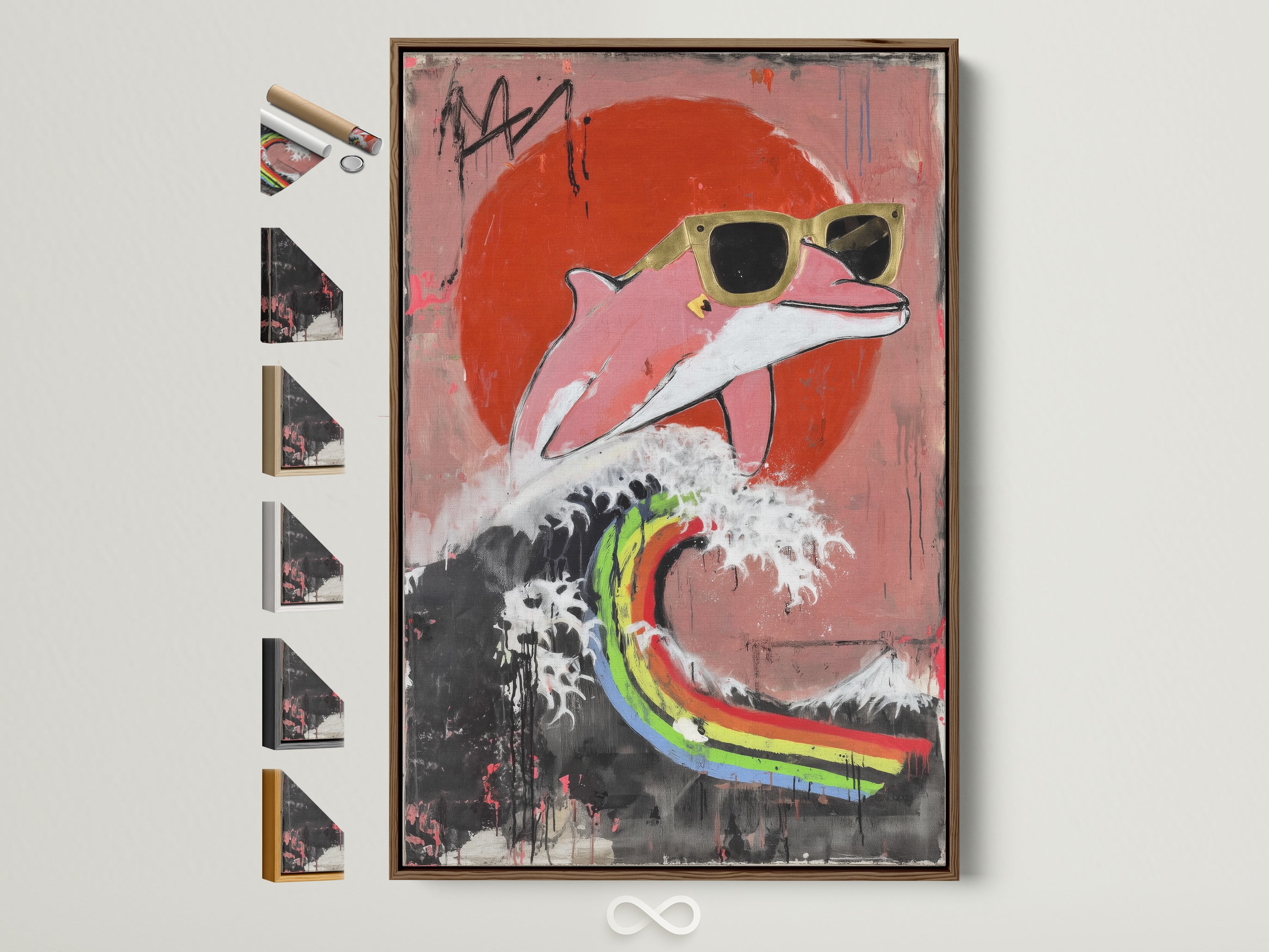 A vibrant pop art canvas featuring a pink dolphin with sunglasses. The artwork is framed in a natural brown wood. See all frame and print options. This cool flamingo artwork adds a funky touch to any room. The playful street art style is perfect for bedroom decor. Get your own colorful animal artwork today. 