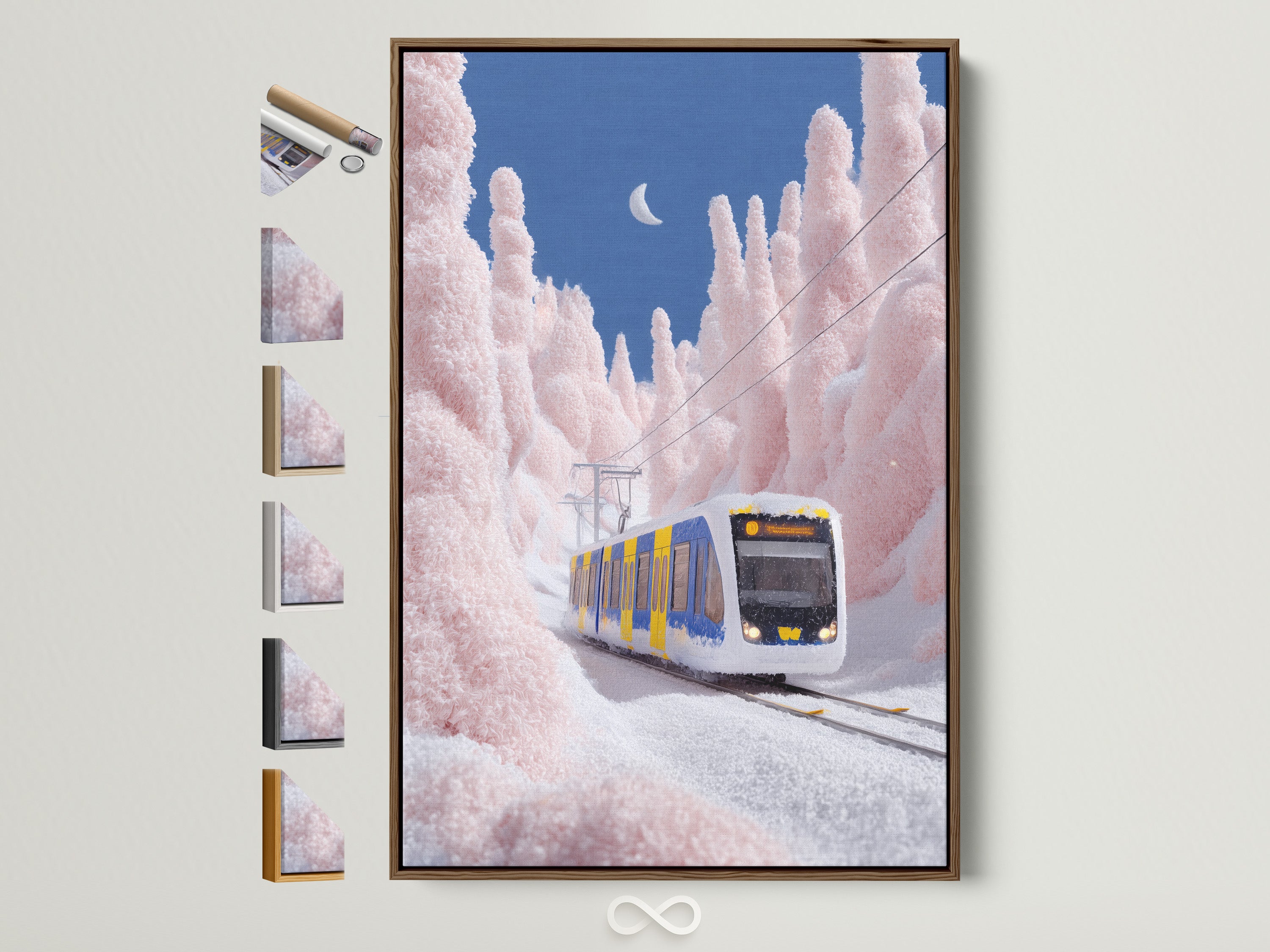 The winter train artwork is displayed in a brown frame. It showcases all available frame options. This allows customers to visualize the various styles. It helps them choose the perfect frame for their pink snow forest wall art.