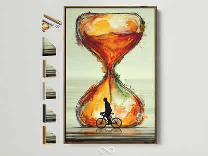A captivating hourglass canvas print is displayed with various frame options beside it. The artwork features a cyclist silhouette inside an hourglass. It is a unique time and bicycle art piece. Perfect abstract sienna wall art for your office or as a thoughtful cyclist gift.