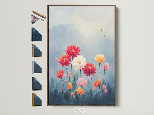 Floral canvas print in a brown frame. This desert flower wall art brings a southwestern aesthetic to your home decor. Botanical artwork featuring orange and blue hues. Elevate your living space with this nature-inspired floral home art.