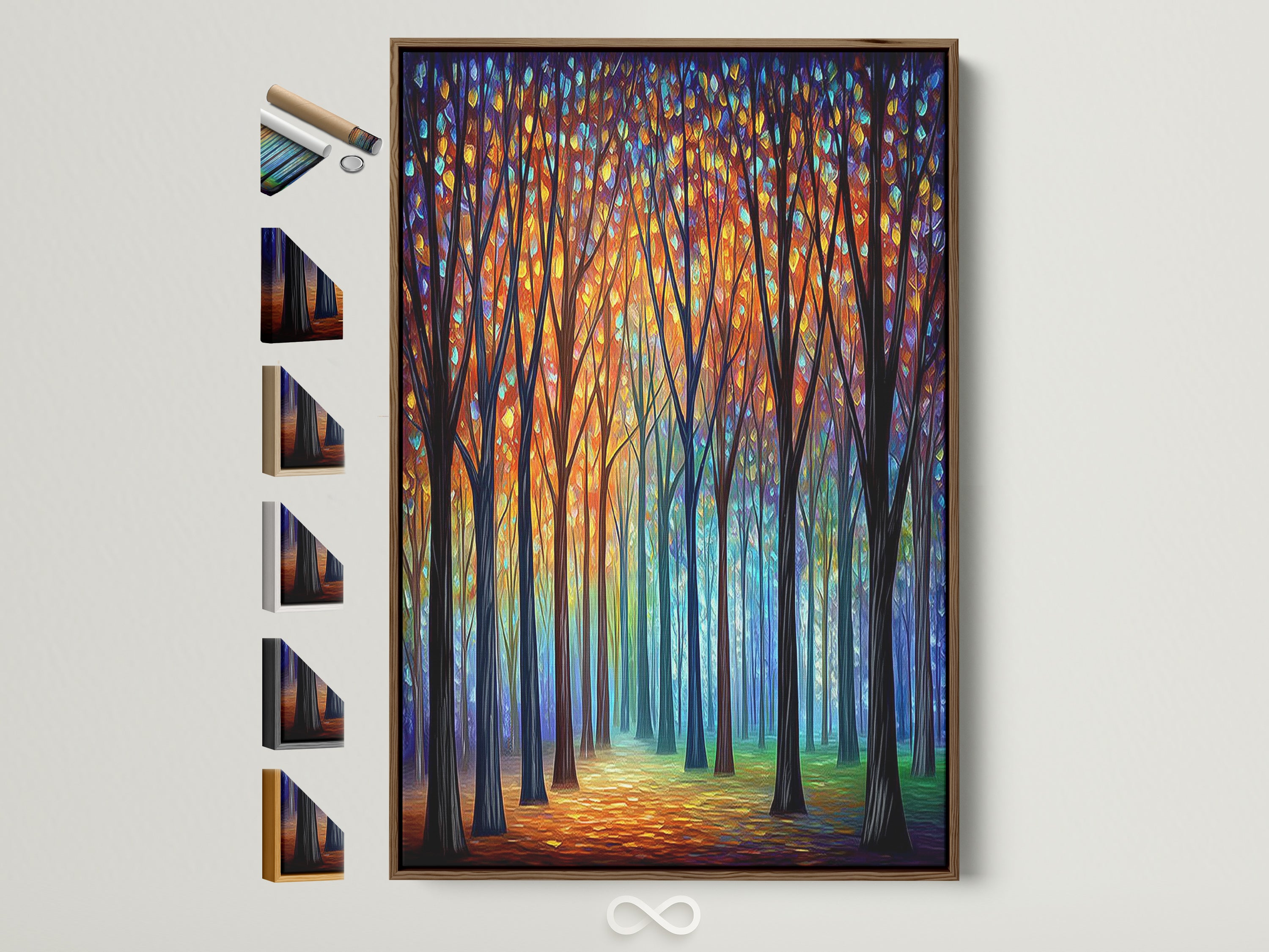 A colorful forest artwork is displayed in a brown frame. This abstract trees wall art brings modern nature indoors. See all frame options available for this vibrant piece of wall decor.