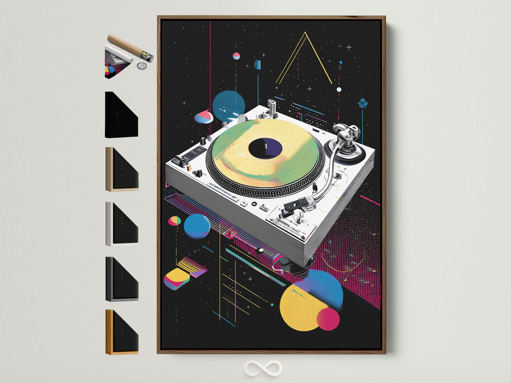 Retro turntable art in a brown frame. This synthwave music wall art adds a vaporwave DJ decor element. See all frame options available. Perfect for a studio or office space. The primary color is black and the secondary color is yellow.