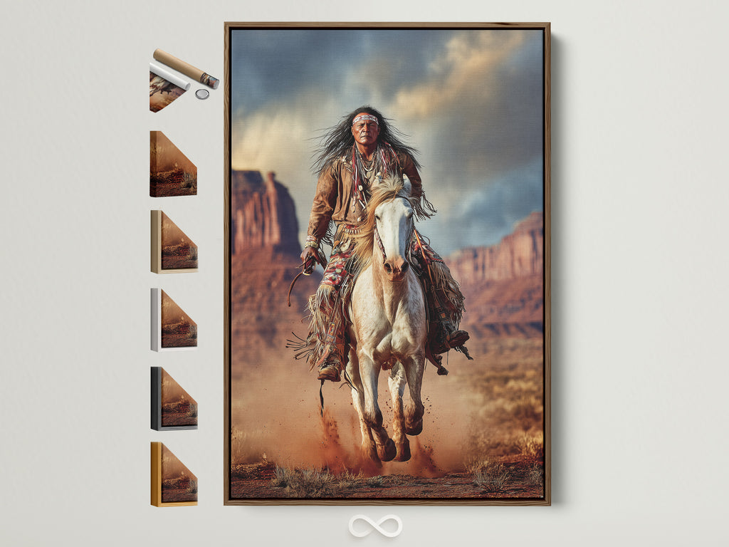 Native American Warrior Canvas Print - Western Horse Art, Southwestern Wall Decor for Office Man Cave