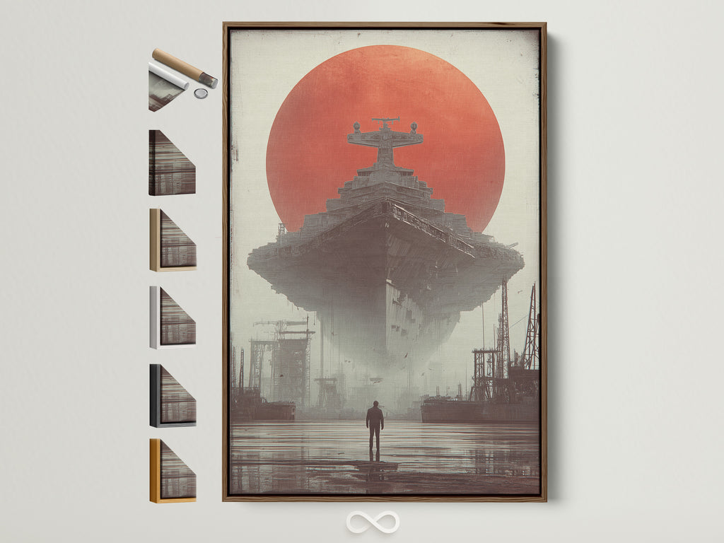 Explore framing options for your artwork. This brown frame showcases a captivating art print of a colossal structure beneath a red sun. View available frame styles for your prints. Enhance your space with framed art that reflects your taste.