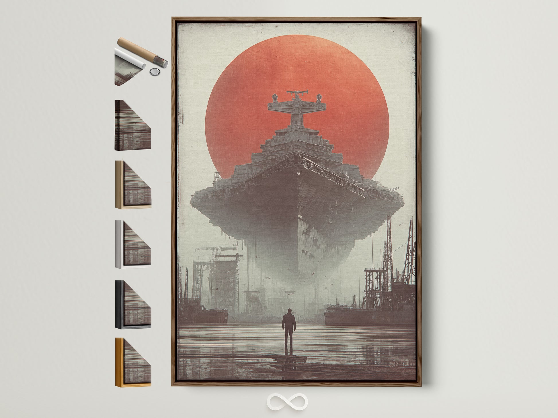 Explore framing options for your artwork. This brown frame showcases a captivating art print of a colossal structure beneath a red sun. View available frame styles for your prints. Enhance your space with framed art that reflects your taste.