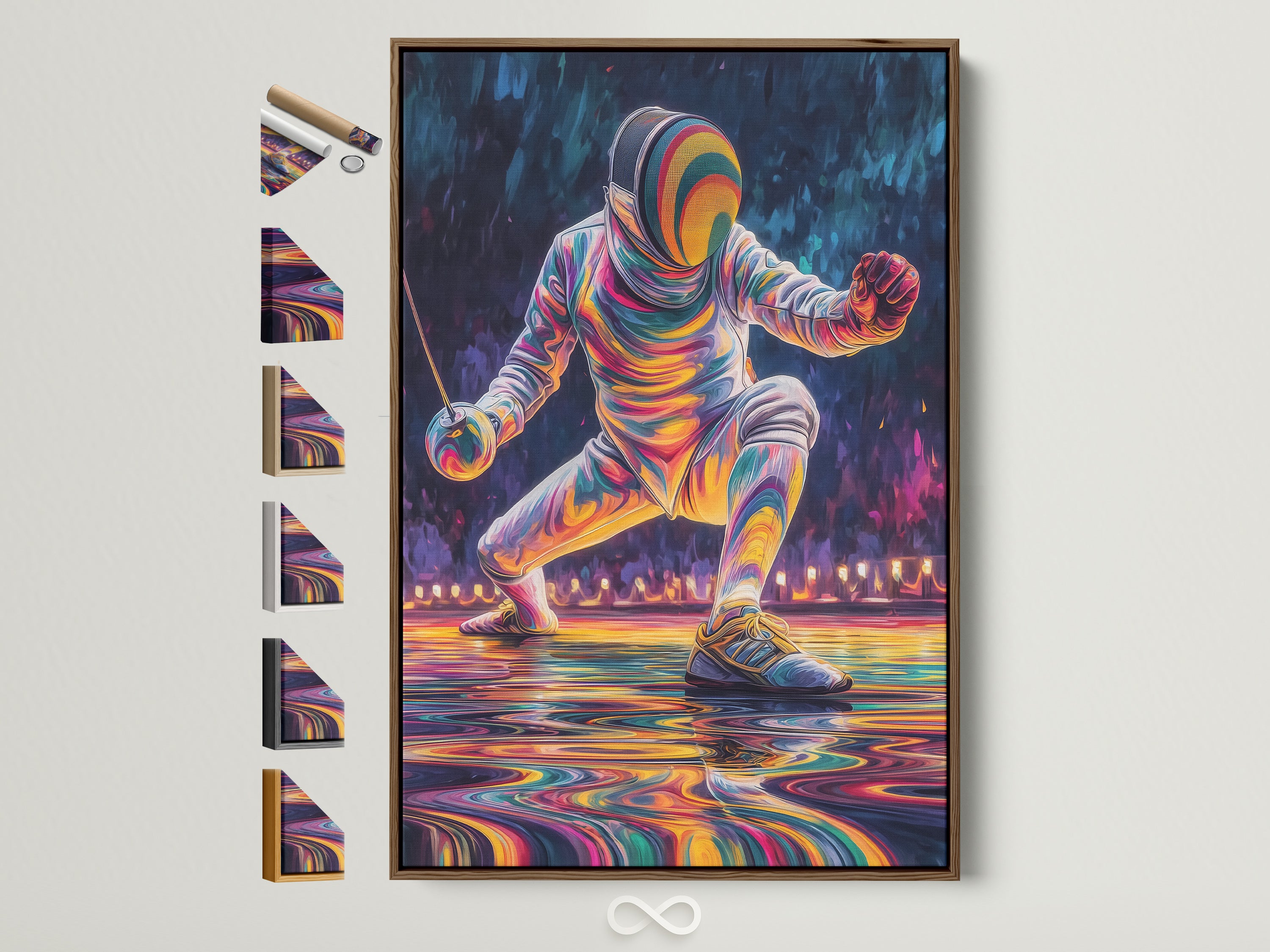 A vibrant fencer artwork is displayed in a brown frame. This piece showcases all available frame options. Perfect for adding a pop of color to any space. It is ideal for gym wall art or home training decor. A modern athletic print that inspires.