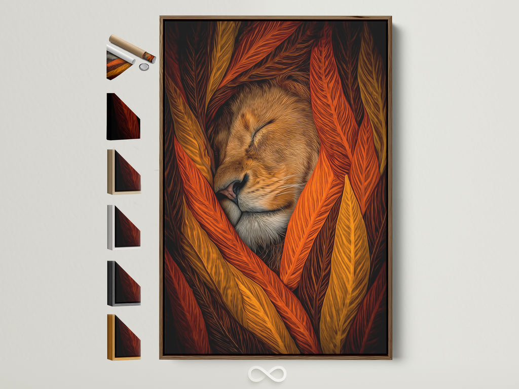 A brown frame displays a sleeping lion artwork. The frame options are visible on the side. This autumn tones artwork brings rustic charm to any space. Perfect for animal lovers seeking unique decor.