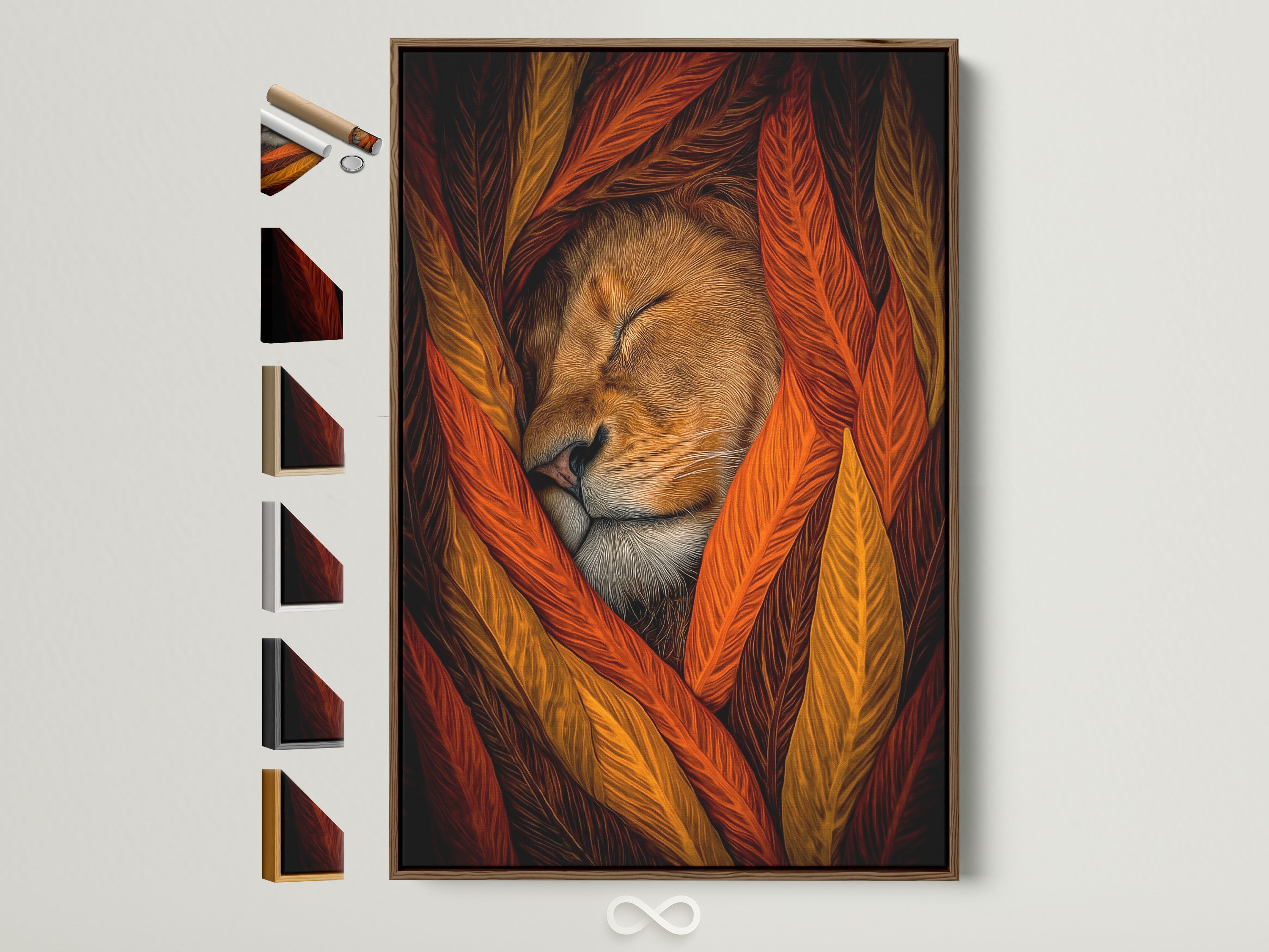 A brown frame displays a sleeping lion artwork. The frame options are visible on the side. This autumn tones artwork brings rustic charm to any space. Perfect for animal lovers seeking unique decor.