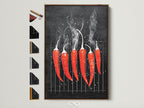 A red hot chili pepper artwork is framed in brown. The art is displayed on a clean white wall. The artwork brings a modern and spicy touch to any kitchen or dining space. Frame options are displayed on the side. Elevate your restaurant art with this food canvas art.