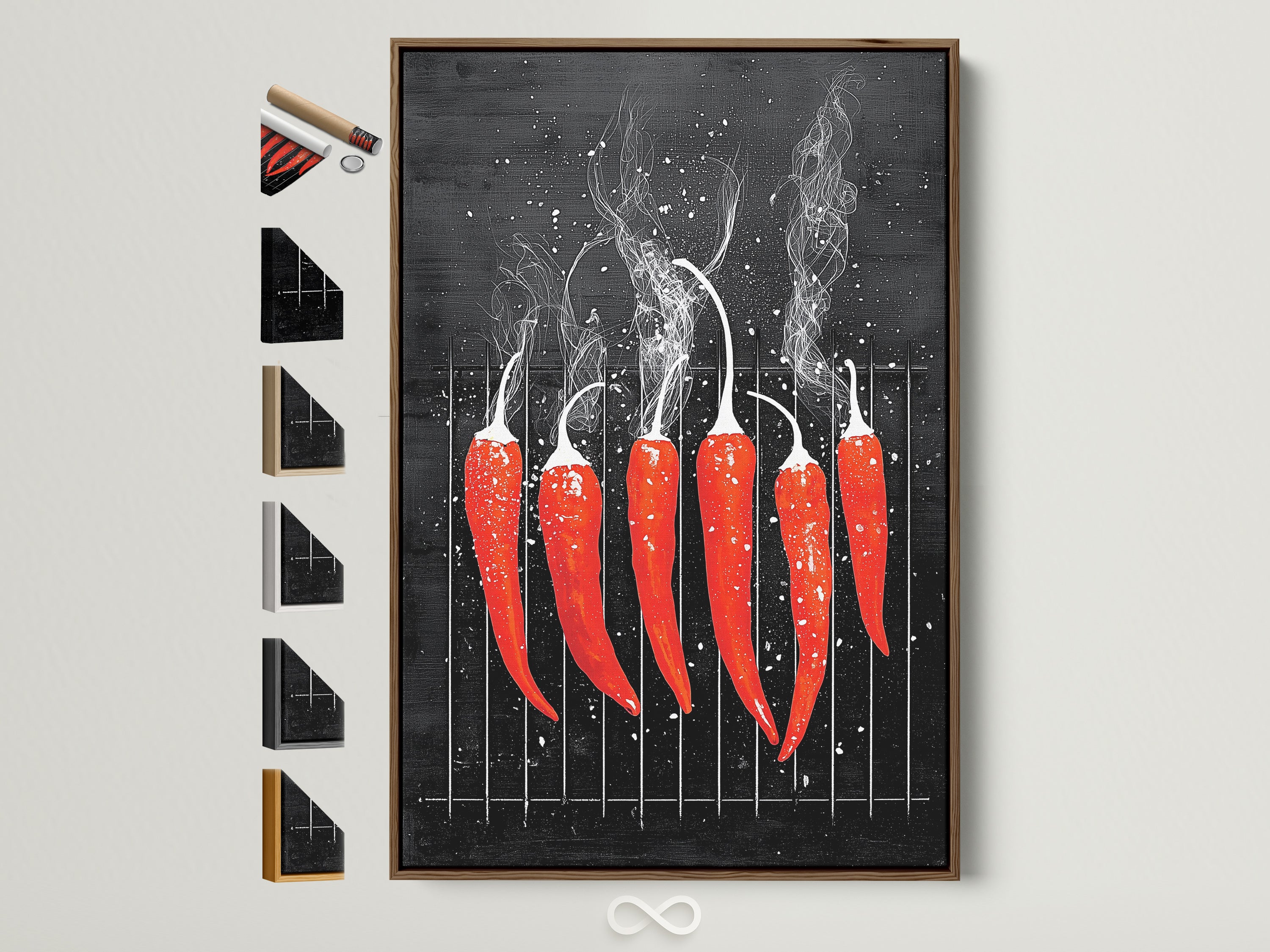 A red hot chili pepper artwork is framed in brown. The art is displayed on a clean white wall. The artwork brings a modern and spicy touch to any kitchen or dining space. Frame options are displayed on the side. Elevate your restaurant art with this food canvas art.