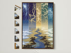 Lightning River celestial artwork is showcased in a brown frame. View the artwork with available frame options. This blue and gold lightning art will enhance any modern office decor. Discover electric storm wall art today.