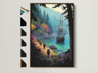 Explore framed art options. This sailing ship art is displayed in a brown frame. See available frame styles for coastal wall art. Perfect for study wall decor. Discover emerald green seascape poster.