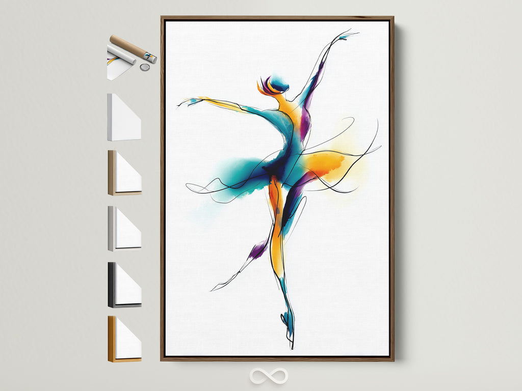 Framed ballet dancer artwork with a brown frame. The wall art features a watercolor dance illustration. See the frame options available on the side. Perfect contemporary movement artwork for a dance studio. The primary color is blue. The secondary color is gold.