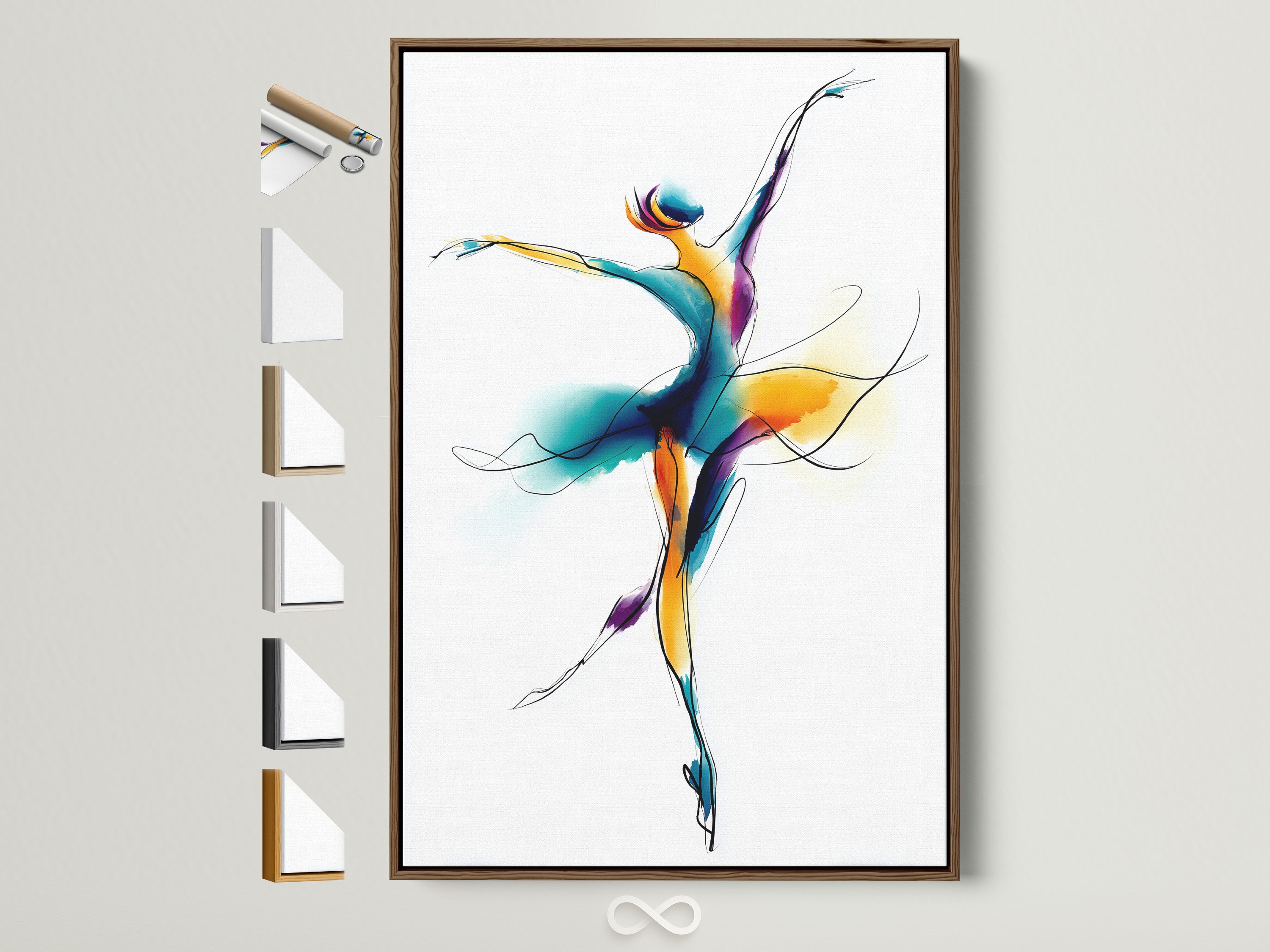 Framed ballet dancer artwork with a brown frame. The wall art features a watercolor dance illustration. See the frame options available on the side. Perfect contemporary movement artwork for a dance studio. The primary color is blue. The secondary color is gold.